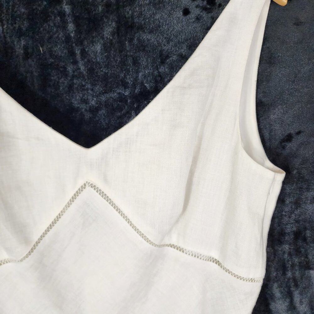 Ann Taylor White Fit & Flare Women 14 White Linen dress Sleeveless V-neck Lace - Picture 3 of 9